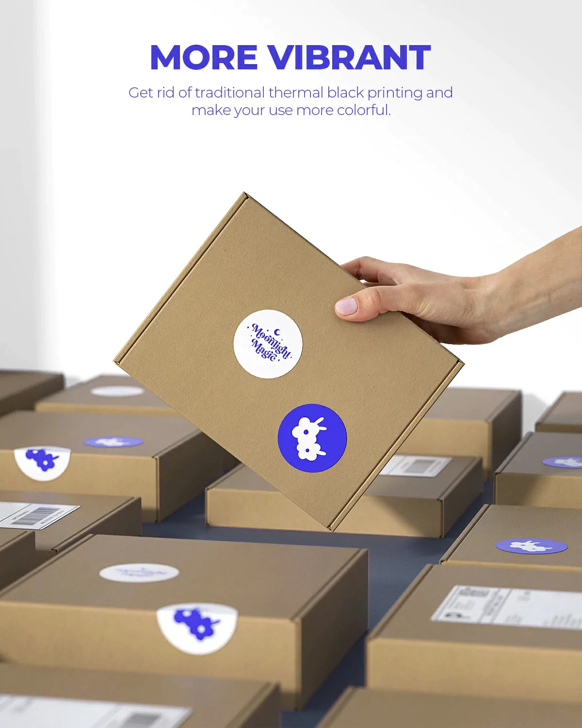 MUNBYN 2" blue printing thermal label stickers can make your packages more colorful.