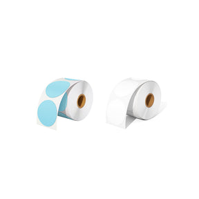 A roll of MUNBYN blue circle label and a roll of MUNBYN white circle label