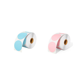 A roll of MUNBYN blue circle label and a roll of MUNBYN pink circle label