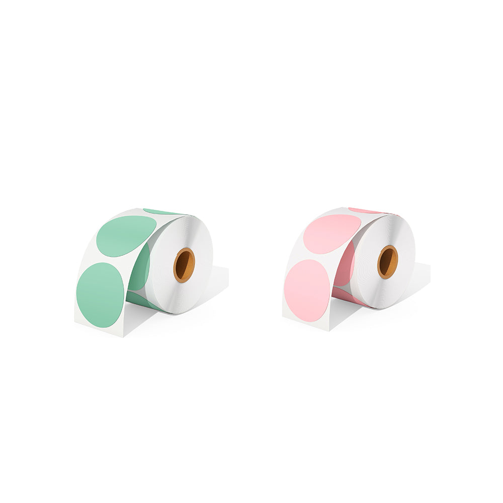 A roll of MUNBYN green circle label and a roll of MUNBYN pink circle label