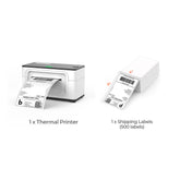 The MUNBYN white USB model P941 thermal label printer kit includes a white direct thermal label printer and a stack of 4x6 thermal labels.