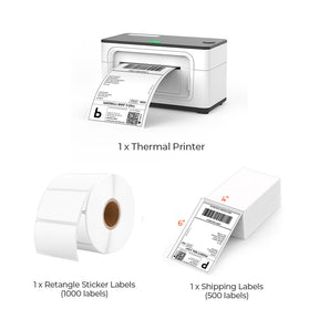 The MUNBYN white USB model P941 thermal label printer kit includes a white shipping label printer, a roll of blank rectangle labels, and a stack of 4x6 thermal labels.