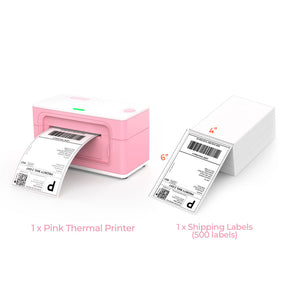 MUNBYN Pink USB model P941 thermal label printer kit includes a pink 4"x6" label printer and a stack of 4x6 thermal labels.