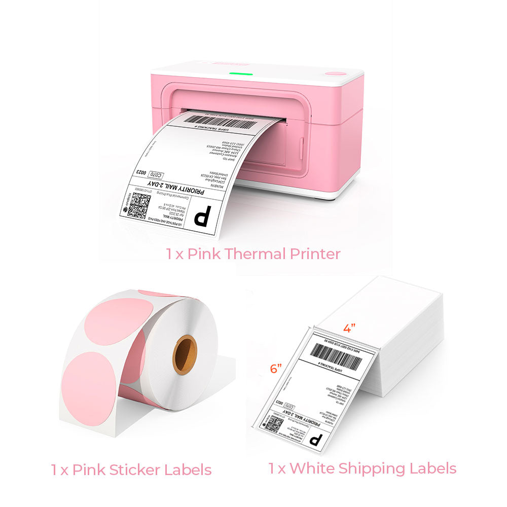 The MUNBYN Pink USB P941 Thermal Label Printer Kit includes a 4