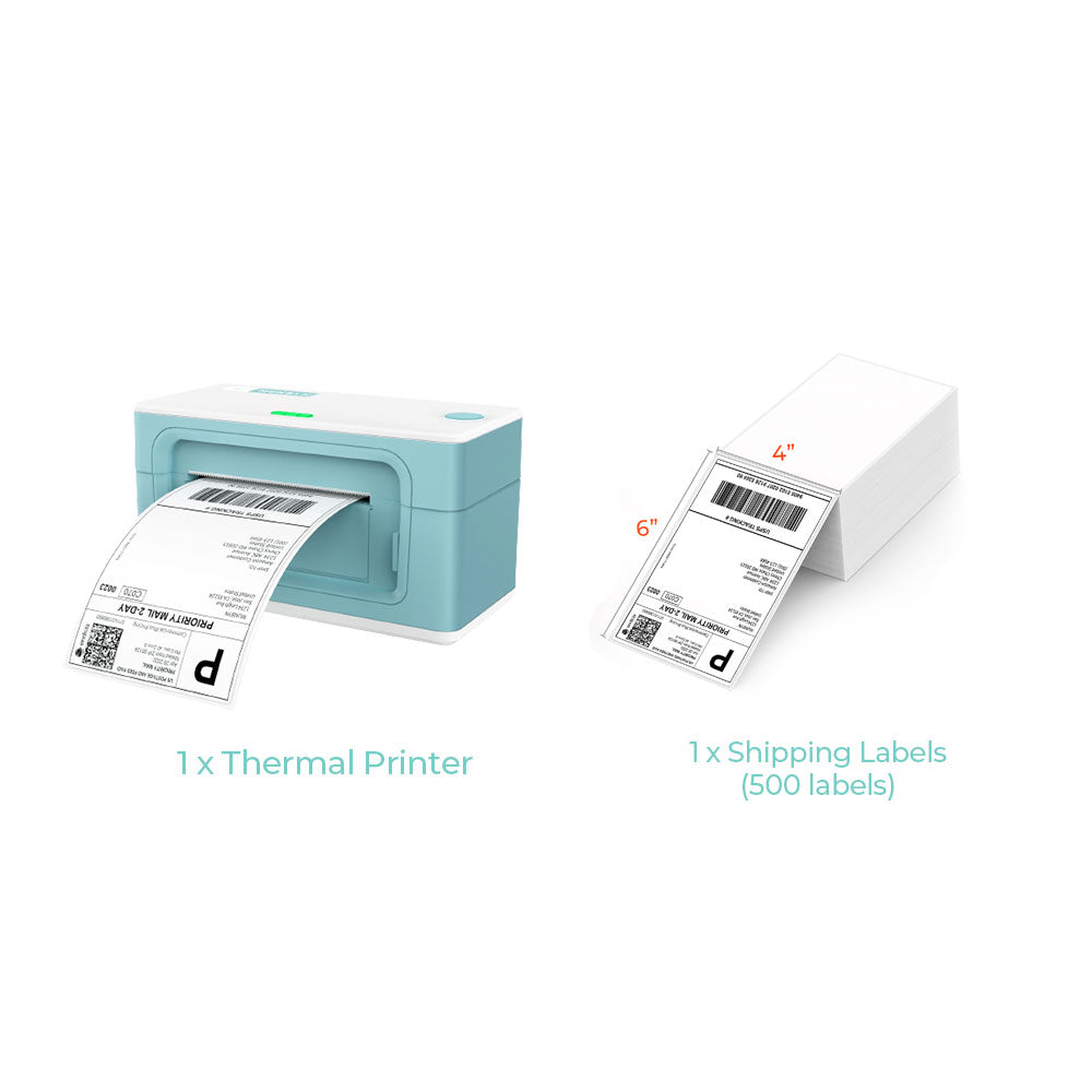 The MUNBYN USB P941 thermal label printer kit includes a green label printer and a stack of 4x6 thermal labels.