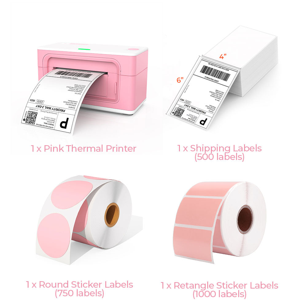 The MUNBYN Pink USB P941 Thermal Label Printer Kit includes a 4