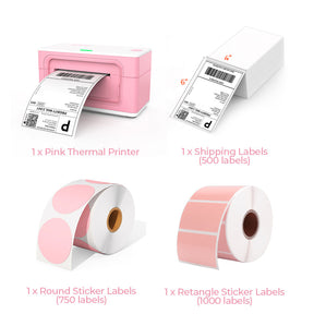 The MUNBYN Pink USB P941 Thermal Label Printer Kit includes a 4"x6" Thermal Shipping Label Printer, 4"x6" Thermal Stack Labels, a roll of 2" Thermal Sticker Labels, and a roll of 2.25" x 1.25" Thermal Sticker Labels.