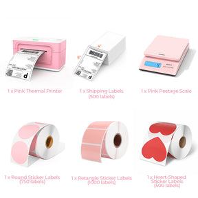 MUNBYN Pink USB model P941 thermal label printer kit includes a pink label printer, two rolls of pink labels, a roll of heart labels, a stack of 4x6 thermal labels and a pink postage scale.