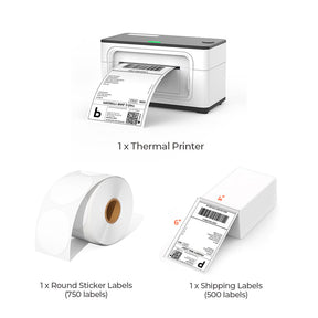 The MUNBYN white USB model P941 thermal label printer kit includes a white direct thermal label printer, a roll of blank circle labels, and a stack of 4x6 thermal labels.