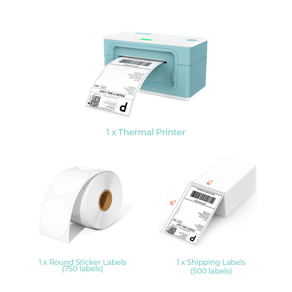 The MUNBYN USB P941 thermal label printer kit includes a green label printer, a roll of blank round labels and a stack of 4x6 thermal labels.