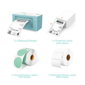 The MUNBYN USB P941 thermal label printer kit includes a green label printer, a roll of white rectangular labels, a roll of green round labels and a stack of 4x6 thermal labels.