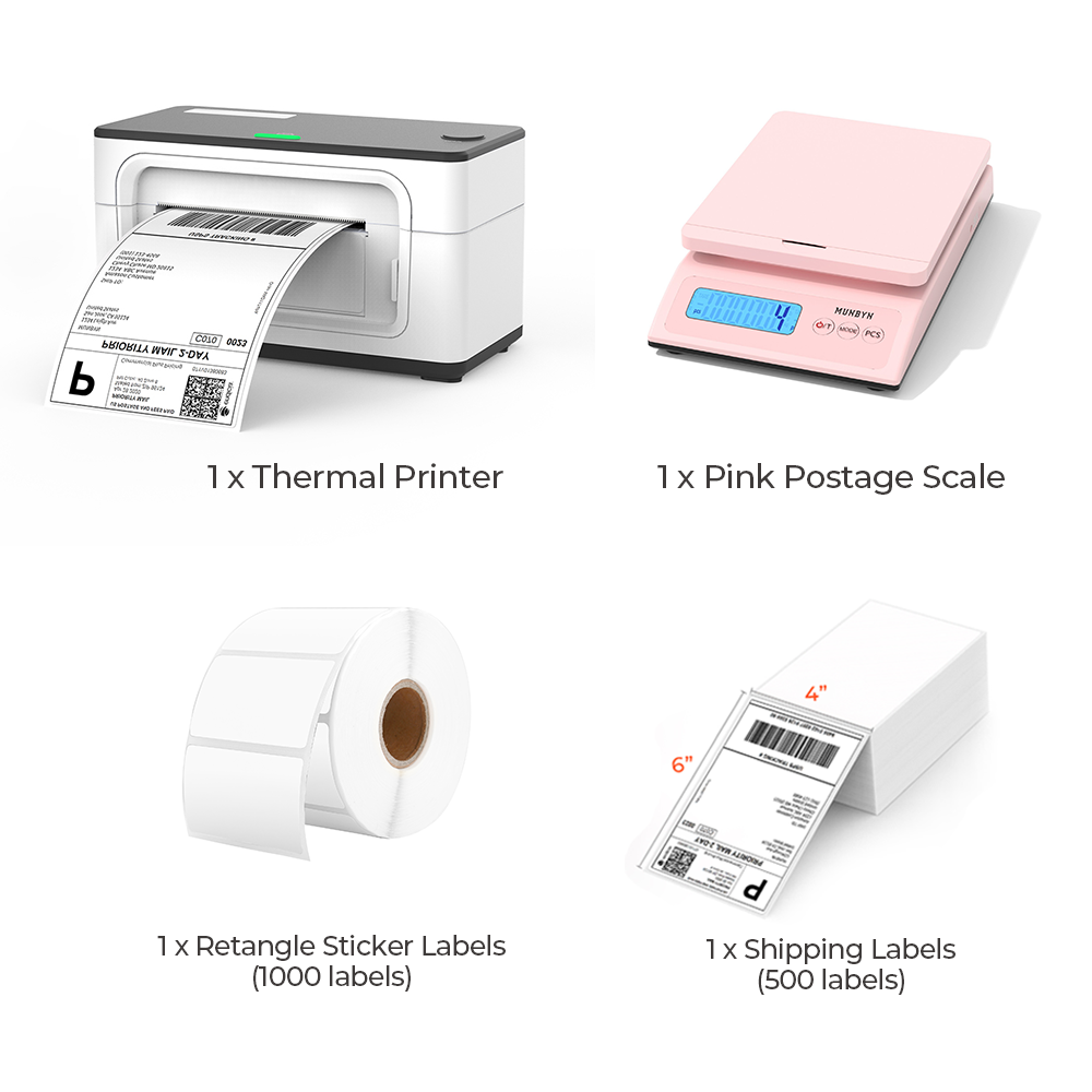 The MUNBYN white USB model P941 thermal label printer kit includes a white label printer, a roll of white rectangular labels, and a stack of 4x6 thermal labels and a pink postage scale.