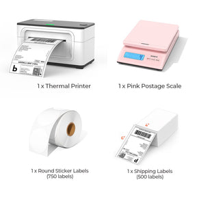 The MUNBYN white USB model P941 thermal label printer kit includes a white label printer, a roll of white circle labels, and a stack of 4x6 thermal labels and a pink postage scale.