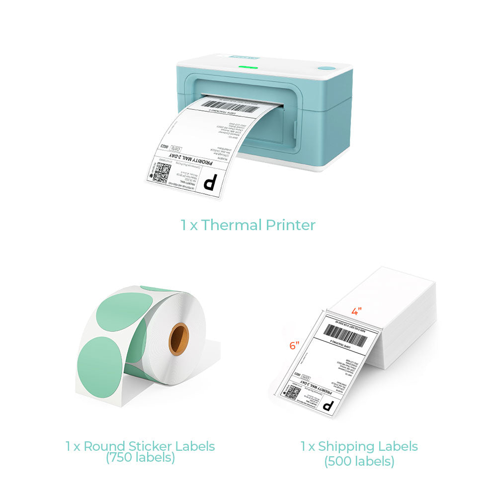 The MUNBYN USB P941 thermal label printer kit includes a green label printer, a roll of green round labels and a stack of 4x6 thermal labels.