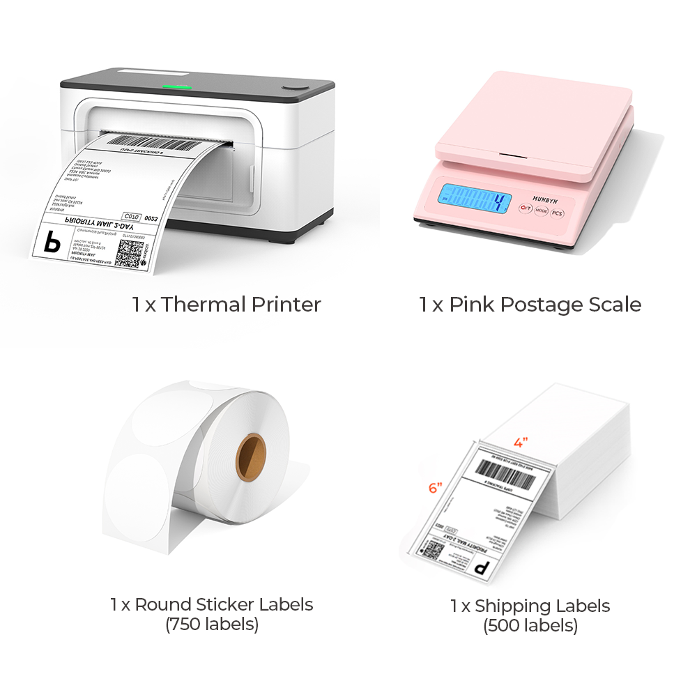 The MUNBYN white USB model P941 thermal label printer kit includes a white label printer, a roll of white circle labels, and a stack of 4x6 thermal labels and a pink postage scale.