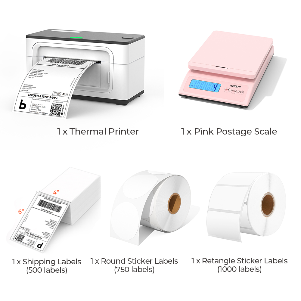 The MUNBYN white USB model P941 thermal label printer kit includes a white label printer, two rolls of white labels, a stack of 4x6 thermal labels and a pink digital postage scale.