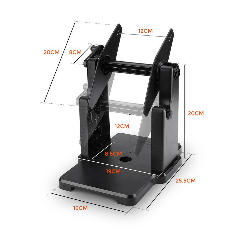 Black Roll and Fan-Fold Holder for MUNBYN CA label printer, accessory for managing label rolls and fan-fold labels.