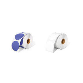 A roll of MUNBYN white circle label and a roll of MUNBYN purple circle label