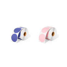 A roll of MUNBYN pink circle label and a roll of MUNBYN purple circle label