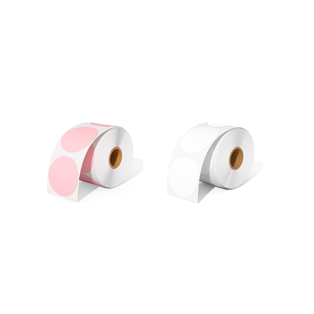 A roll of MUNBYN pink circle label and a roll of MUNBYN white circle label